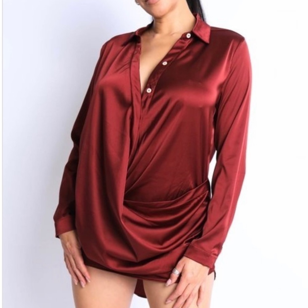 LONG SLEEVE SATIN HIGH LOW SOLID WINE BURGUNDY DROPPED BUTTON DOWN SHIRT DRESS